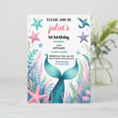 女の子クール魚の海の青の人魚1日の誕生日 招待状 (スタンド正面)