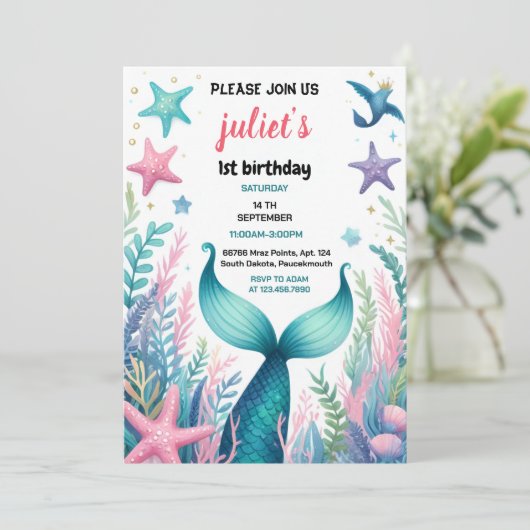 女の子クール魚の海の青の人魚1日の誕生日 招待状 (スタンド正面)