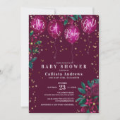 女の子グリッターバルーンフローラベイビーシャワー 招待状 (正面)