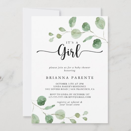 女の子グリーンデライトユーカリ赤ちゃんシャワー 招待状 (正面)