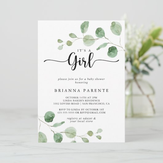 女の子グリーンデライトユーカリ赤ちゃんシャワー 招待状 (スタンド正面)