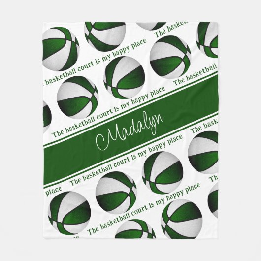 女の子グリーンホワイトバスケットボールコート私の幸せな場所 フリースブランケット (正面)