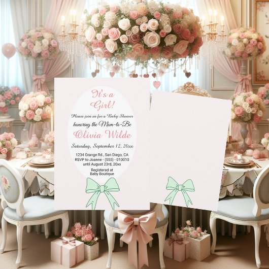 女の子グリーンボウと赤ちゃんシャワー用の花 招待状