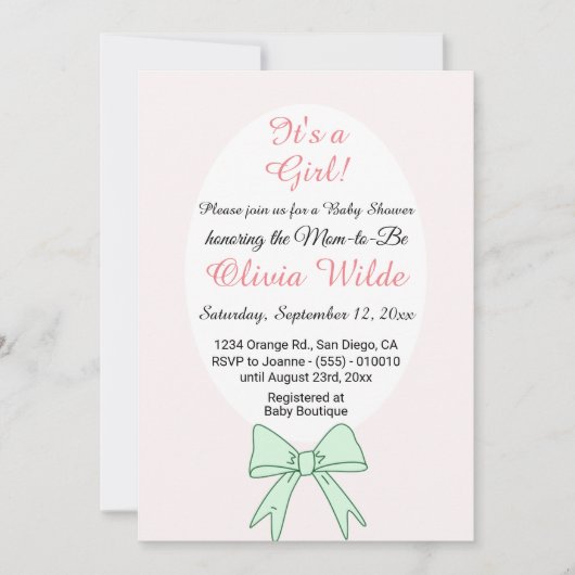女の子グリーンボウと赤ちゃんシャワー用の花 招待状 (正面)