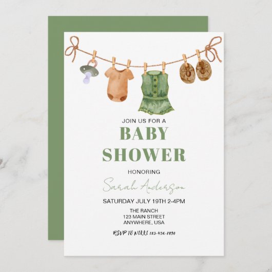 女の子グリーンボホ赤ちゃん服ベビーシャワー 招待状 (正面/裏面)