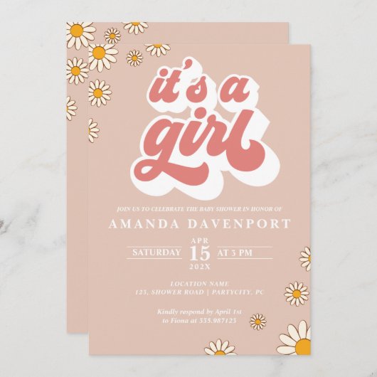 女の子グルーヴィーベビーシャワー招待状 招待状 (正面/裏面)