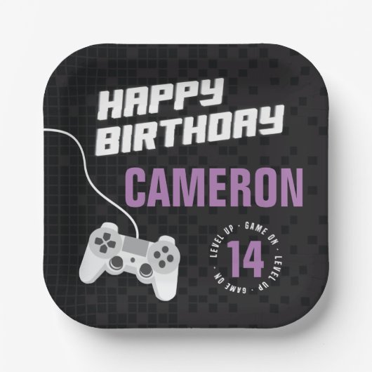 女の子ゲームゲームのネオンパープル誕生日パーティー ペーパープレート (正面)