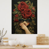 女の子ゴーグルとバラ刺繍芸術 ポスター (キッチン)