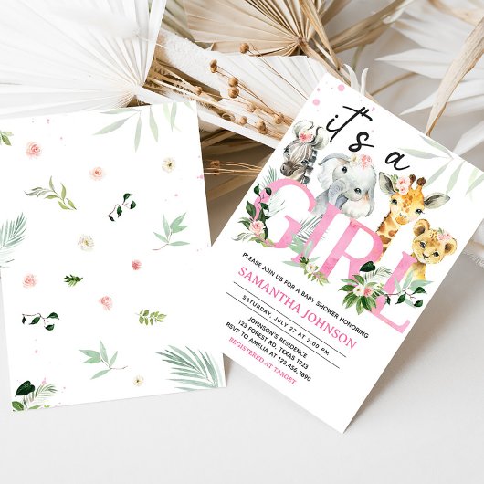 女の子サファリの動物の赤ちゃんシャワー 招待状