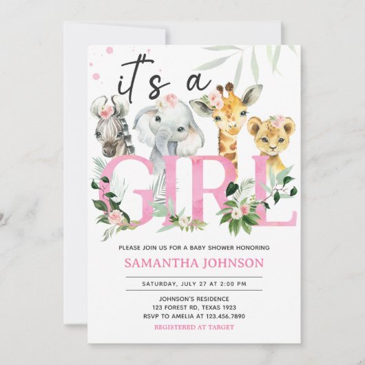 女の子サファリの動物の赤ちゃんシャワー 招待状 (正面)