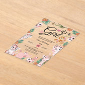 女の子サファリの女の子ピンクの赤ちゃんシャワージャングル アクリル招待状 (レイダウン)