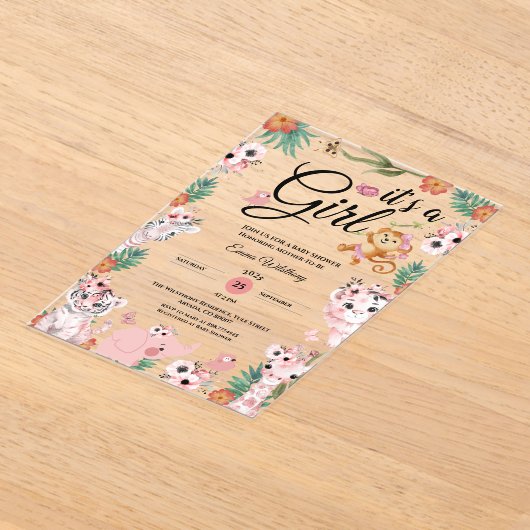 女の子サファリの女の子ピンクの赤ちゃんシャワージャングル アクリル招待状 (レイダウン)