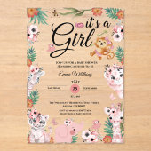 女の子サファリの女の子ピンクの赤ちゃんシャワージャングル アクリル招待状 (正面)