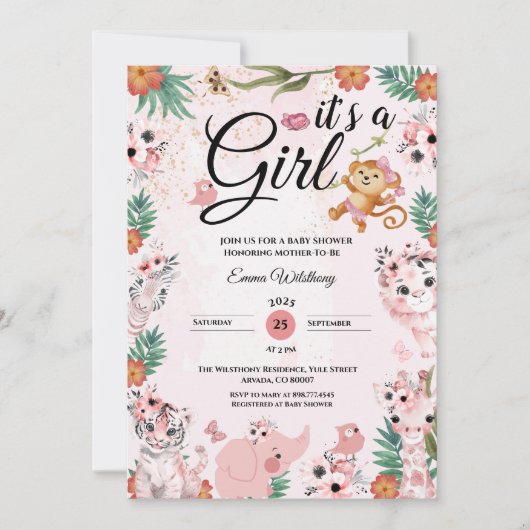女の子サファリの女の子ピンクの赤ちゃんシャワージャングル 招待状 (正面)
