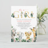 女の子サファリジャングルの動物のベビーシャワー 招待状 (スタンド正面)