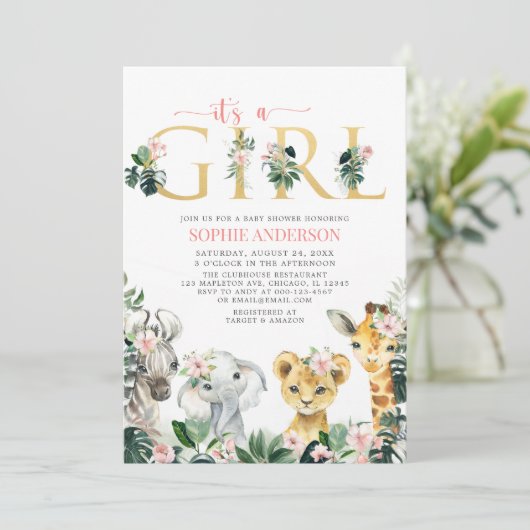 女の子サファリジャングルの動物のベビーシャワー 招待状 (スタンド正面)