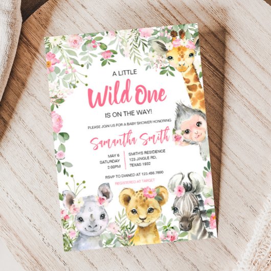 女の子サファリ動物ベビーシャワー 招待状