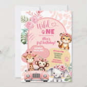 女の子サファリ動物Wild One1歳の誕生日 招待状 (正面)