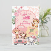 女の子サファリ動物Wild One1歳の誕生日 招待状 (スタンド正面)