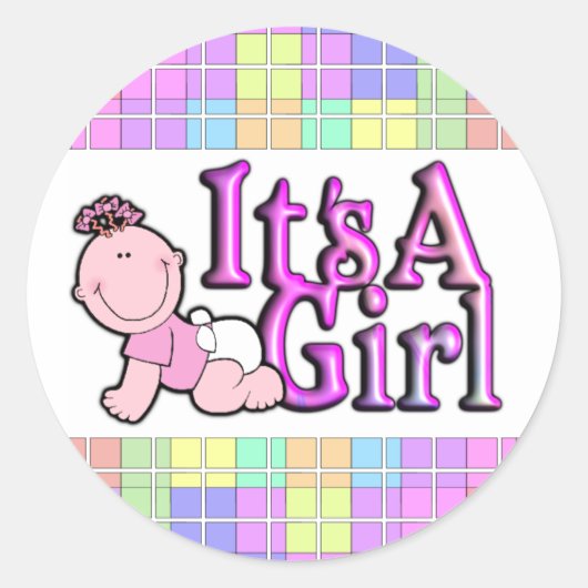 女の子シャイニーピンクの文字とベビーシール ラウンドシール (正面)