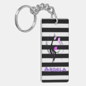 女の子シルエット,黒,白ストライプ色パーソナライズされた キーホルダー (正面左)