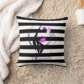 女の子シルエット,黒,白ストライプ色パーソナライズされた クッション (ブランケット)