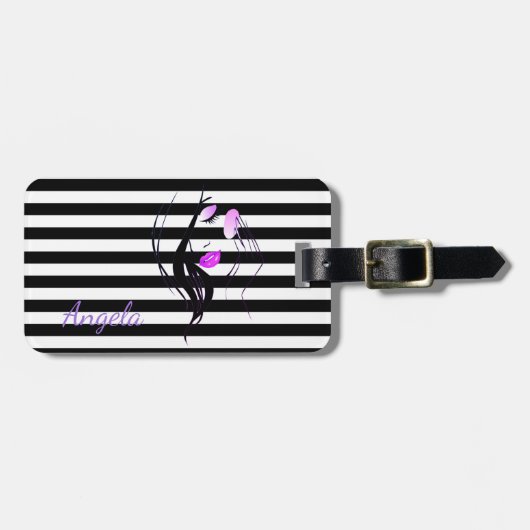 女の子シルエット,黒,白ストライプ色パーソナライズされた ラゲッジタグ (正面横)
