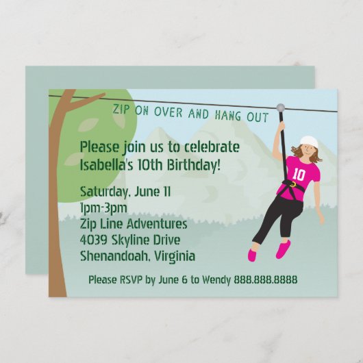 女の子ジップラインライニングバースデーパーティー招待状 招待状 (正面/裏面)