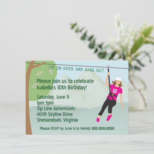 女の子ジップラインライニングバースデーパーティー招待状 招待状 (スタンド正面)