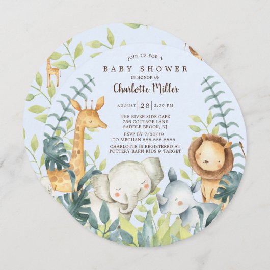 女の子ジャングル動物の男の子の赤ちゃんシャワー 招待状 (正面/裏面)