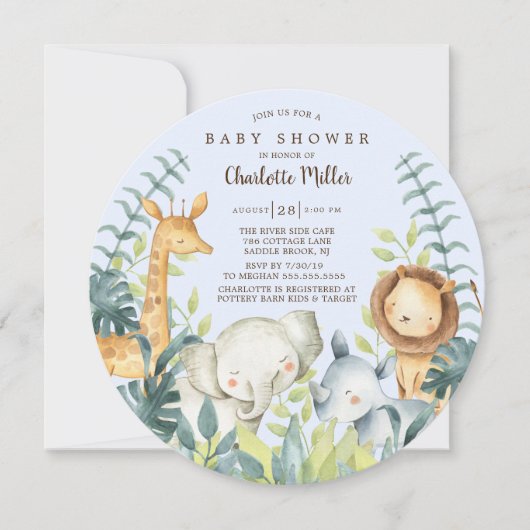女の子ジャングル動物の男の子の赤ちゃんシャワー 招待状 (正面)