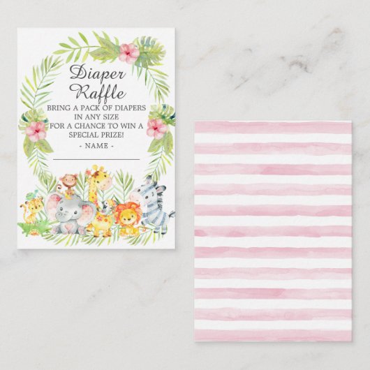 女の子ジャングル動物ベビーシャワーおむつラッフル エンクロージャーカード (正面/裏面)