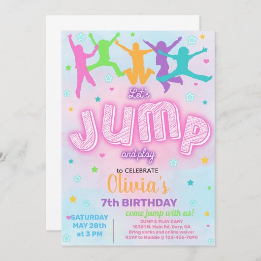 女の子ジャンプと遊誕生日パーティーの招待。 招待状 (正面/裏面)