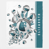 女の子ジャージーナンバケットボール星ティール（緑がかった色）グレー フリースブランケット (正面)