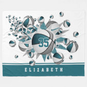 女の子ジャージーナンバケットボール星ティール（緑がかった色）グレー フリースブランケット (正面(横))