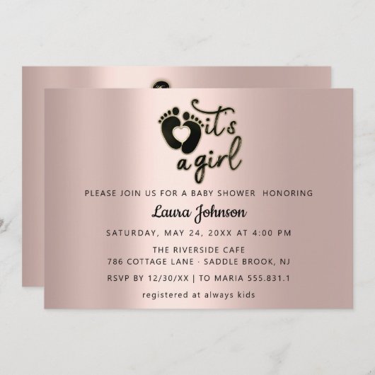 女の子スクリプト赤ちゃんシャワー黒バラ足 招待状 (正面/裏面)