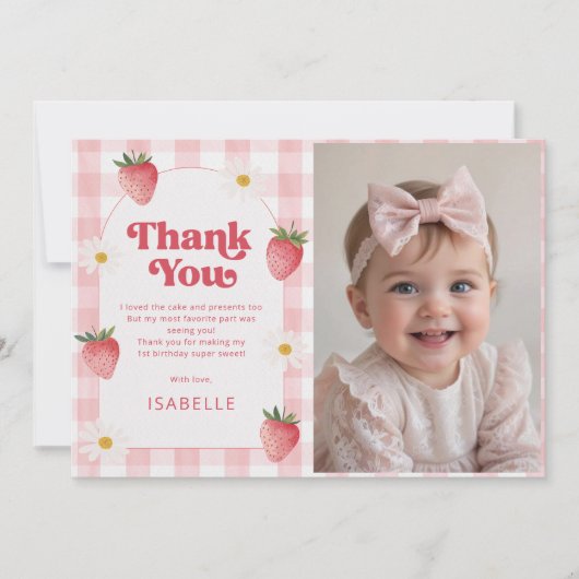 女の子ストロベリーベリー最初の誕生日の写真 サンキューカード (正面)