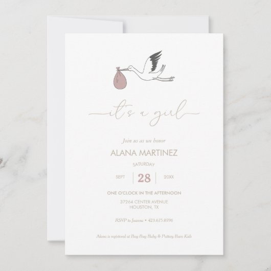 女の子ストークベイビーシャワー招待状 招待状 (正面)