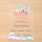 女の子スペインの赤ちゃんシャワーテディベア飛行機ピンク アクリル招待状 (正面)