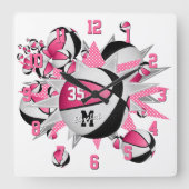 女の子スポーツのデコピンクの黒いバスケットボールのスター スクエア壁時計 (正面)