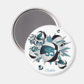 女の子スポーツギフトティール(緑がかった色)ブラックバスケットボール星 マグネット (正面/裏面)