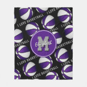 女の子スポーツデコール私はバスケットボールパープルホワイトが大好き フリースブランケット (正面)