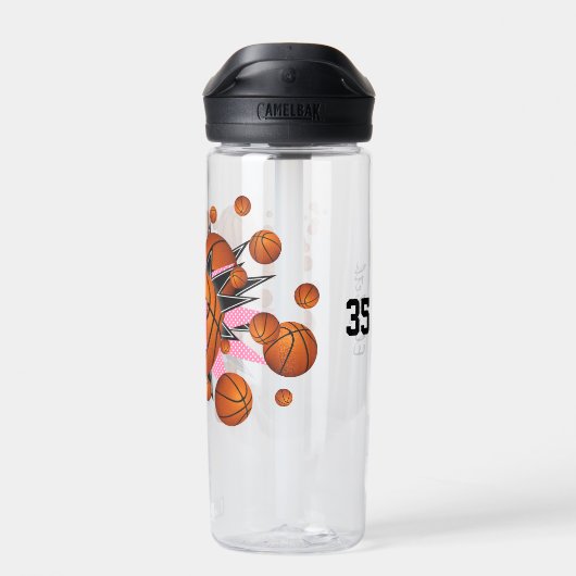 女の子スポーツピンクの黒いバスケットボールのスター ウォーターボトル (背面)