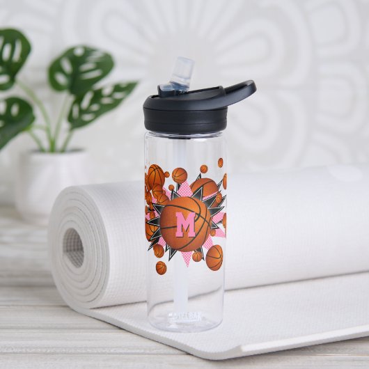 女の子スポーツピンクの黒いバスケットボールのスター ウォーターボトル (ヨガ)
