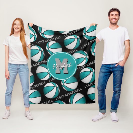 女の子スポーツ私はバスケットボールが大好きltティール（緑がかった色）ホワイト フリースブランケット (インサイチュ)