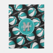 女の子スポーツ私はバスケットボールが大好きltティール（緑がかった色）ホワイト フリースブランケット (正面)