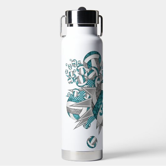 女の子スポーティティール（緑がかった色）グレーバレーボール吹き出し ウォーターボトル (正面)