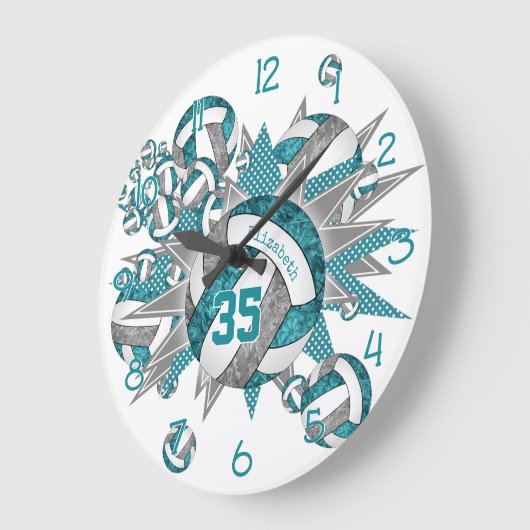 女の子スポーティティール（緑がかった色）グレーバレーボール吹き出し ラージ壁時計 (傾斜)