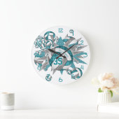 女の子スポーティティール(緑がかった色)グレーバレーボール吹き出し ラージ壁時計 (ホーム)