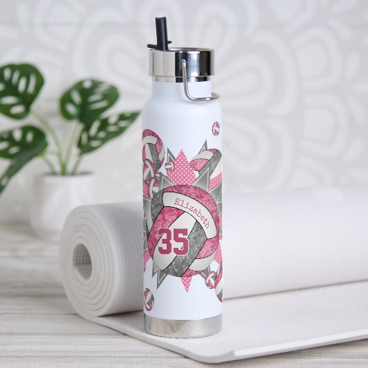 女の子スポーティーなピンク色のグレーバレーボールの吹き出し ウォーターボトル (ヨガ)